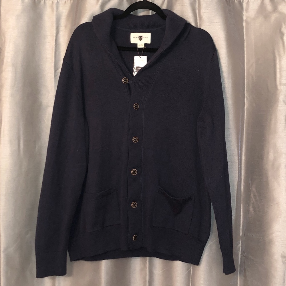 Navy Blue Shawl Collar Cotton Cardigan, XL